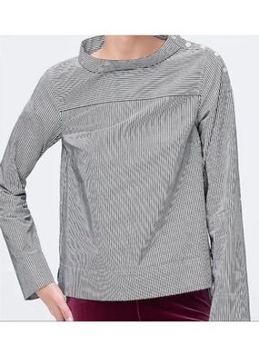 J. Crew Black and White Striped Funnelneck Button Top